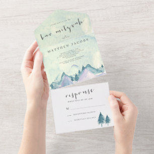 Watercolor Mountains and Trees Bar Mizvah All In One Invitation
