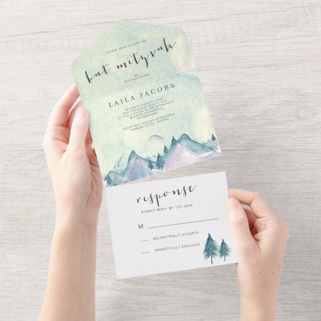 Watercolor Mountains and Trees Bat Mizvah All In One Invitation (Tearaway)