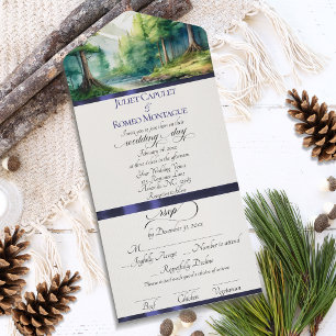 Watercolor Mountains & Blue Ribbon Wedding All In One Invitation