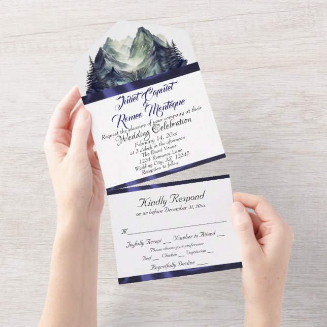 Watercolor Mountains & Blue Ribbon Wedding All In One Invitation (Tearaway)