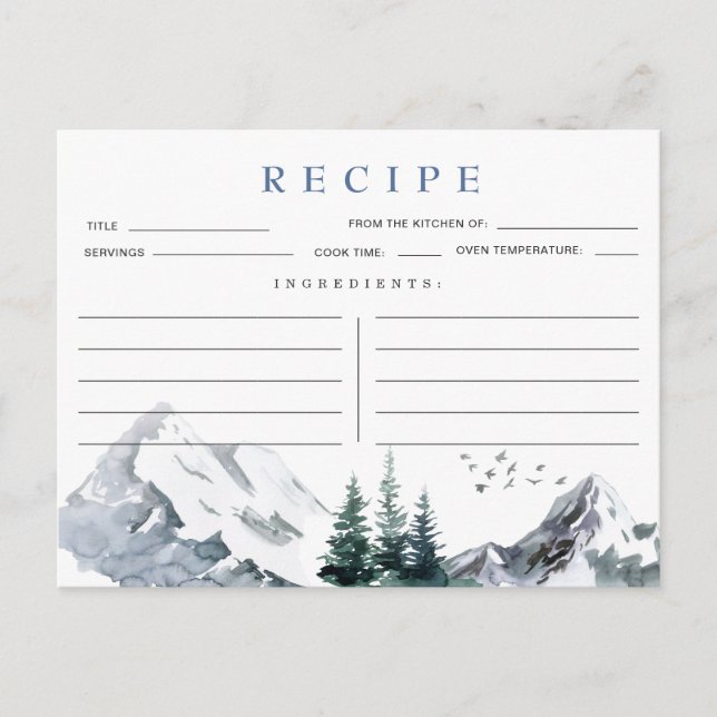 Watercolor Mountains Bridal Shower Recipe Card (Front)