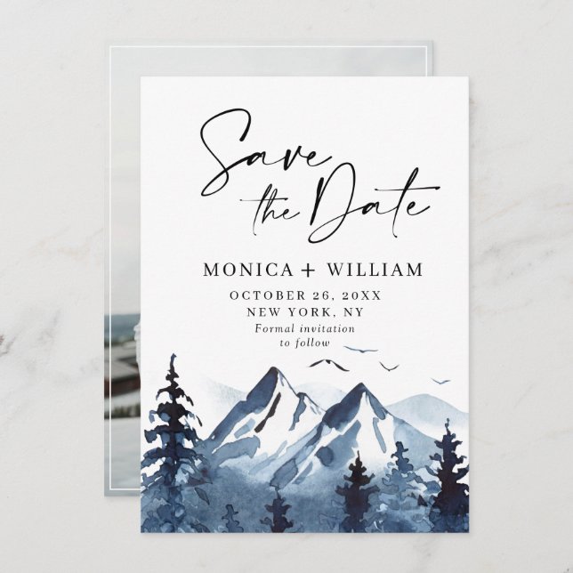 Watercolor Mountains Forest Wedding Photo  Save The Date (Front/Back)
