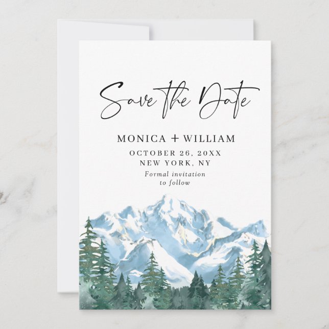 Watercolor Mountains Forest Wedding Photo  Save The Date (Front)