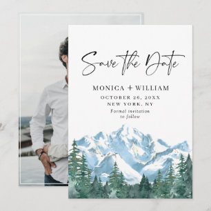 Watercolor Mountains Forest Wedding Photo  Save The Date