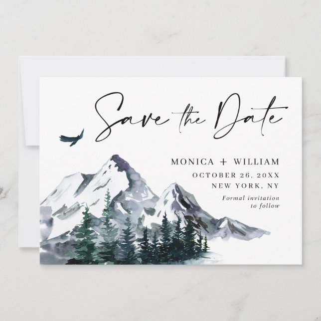 Watercolor Mountains Forest Wedding Photo Save The Date (Front)