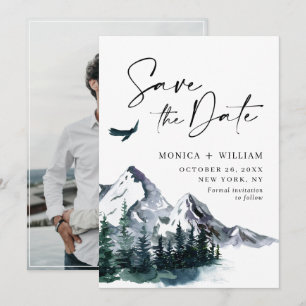 Watercolor Mountains Forest Wedding Photo Save The Date