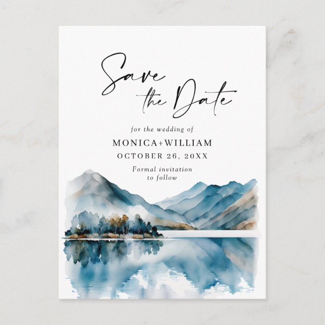 Watercolor Mountains Forest Wedding Save the Date Postcard (Front)