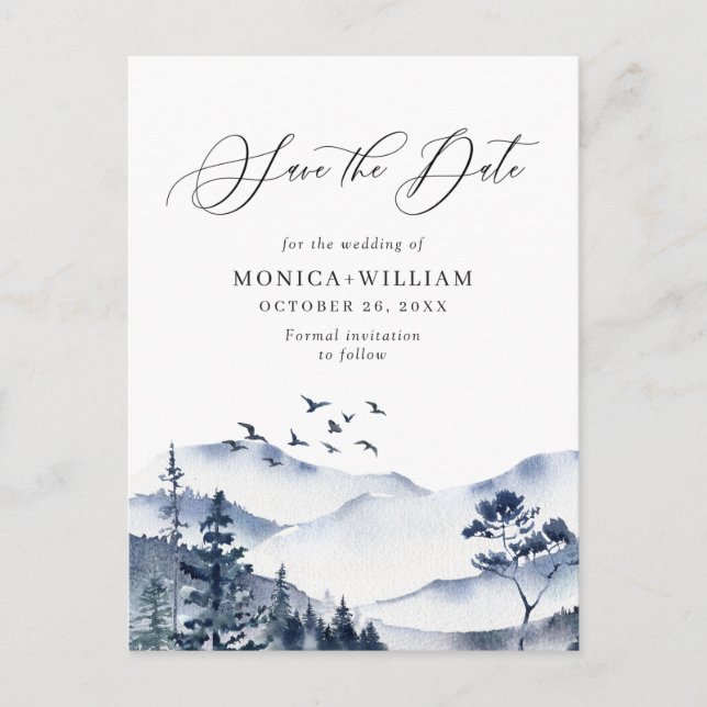 Watercolor Mountains Forest Wedding Save the Date Postcard (Front)