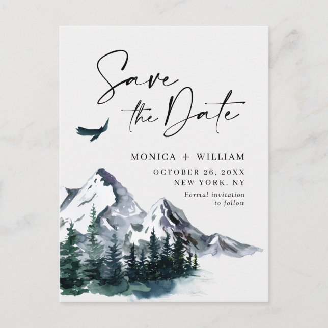Watercolor Mountains Forest Wedding Save the Date  Postcard (Front)