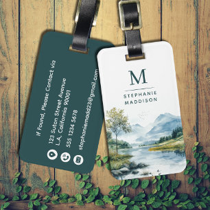 Watercolor Mountains Lake Forest Green Monogrammed Luggage Tag
