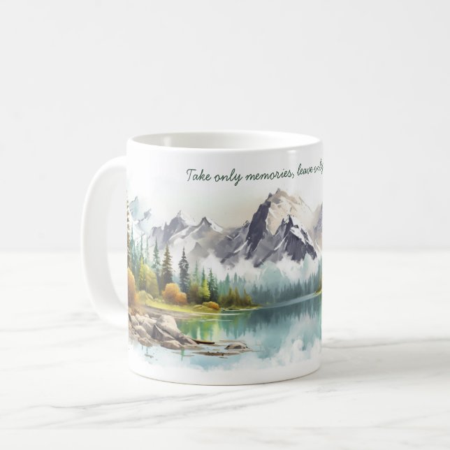Watercolor Mountains & Lake Landscape with Quotes Coffee Mug (Front Left)