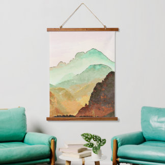 Watercolor Mountains Landscape in Teal and Brown  Hanging Tapestry