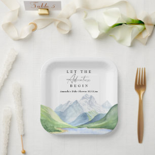 Watercolor mountains - Let the adventure begin Paper Plate