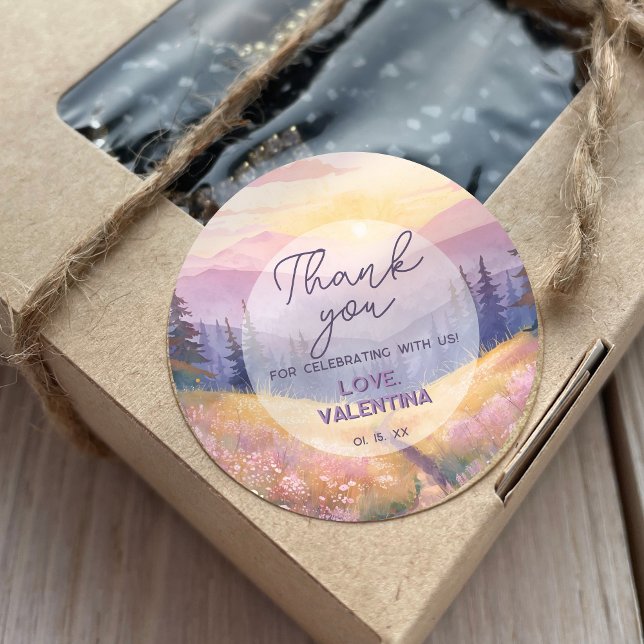 Watercolor Mountains Nature Birthday Thank You Classic Round Sticker (Creator Uploaded)