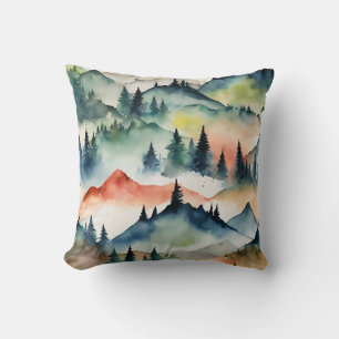 Watercolor Mountains Nature Trees Fall Autumn Cushion