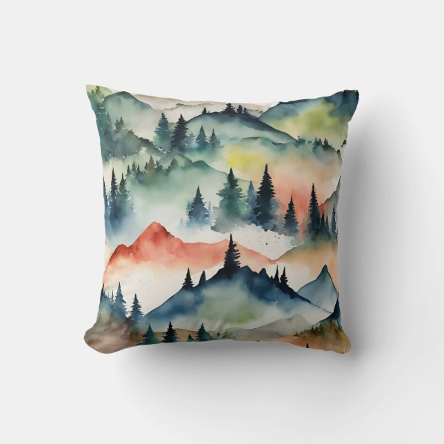 Watercolor Mountains Nature Trees Fall Autumn Cushion (Front)