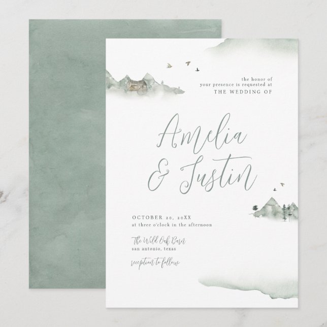 Watercolor Mountains Outdoor Destination Wedding Invitation (Front/Back)
