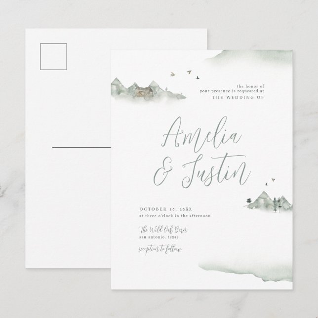 Watercolor Mountains Outdoor Destination Wedding Invitation Postcard (Front/Back)