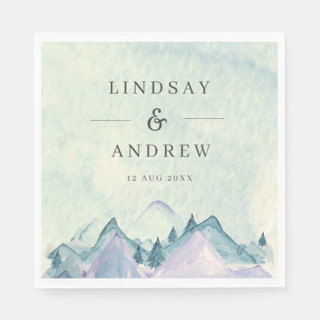 Watercolor Mountains Personalised Wedding Napkin (Front)