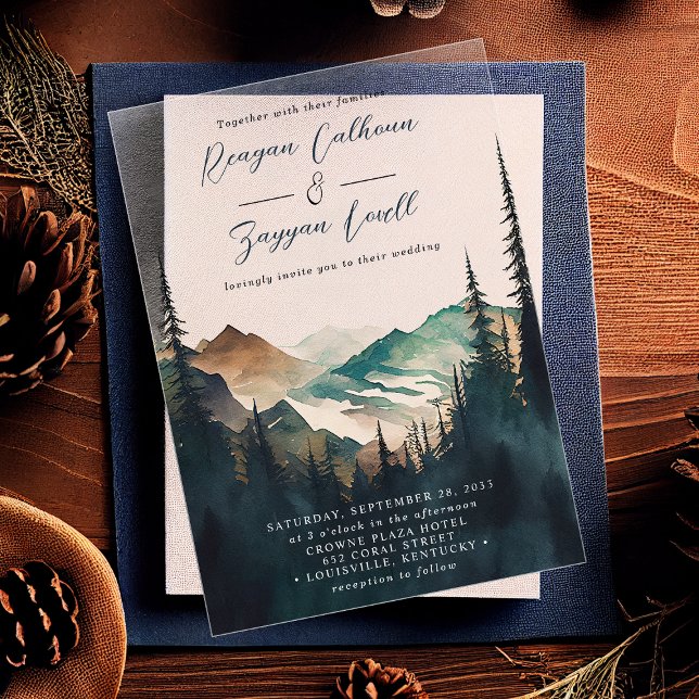 Watercolor Mountains Pine Forest Script Wedding Acrylic Invitations (Creator Uploaded)