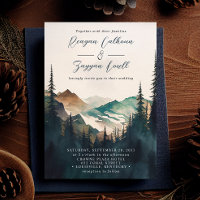 Watercolor Mountains Pine Forest Script Wedding