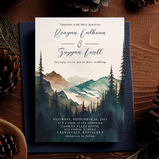Watercolor Mountains Pine Forest Script Wedding Invitation