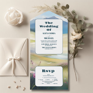 Watercolor Mountains Pine Forest Wedding All In One Invitation