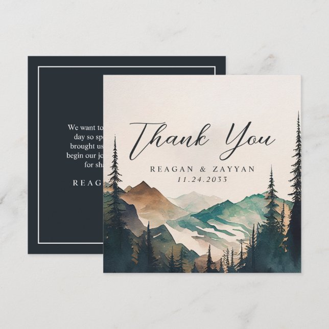 Watercolor Mountains Pine Forest Wedding  Thank You Card (Front/Back)