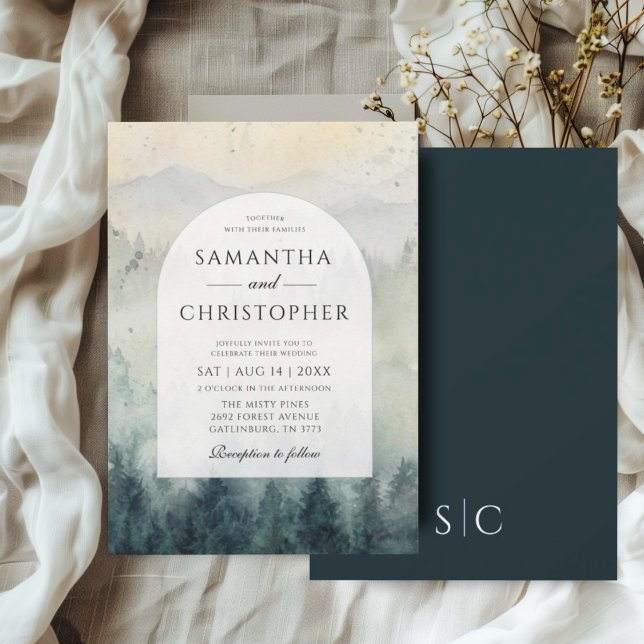 Watercolor Mountains & Pine Trees Wedding Invitation (Creator Uploaded)