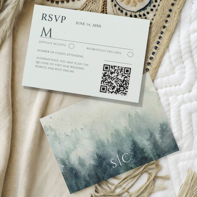 Watercolor Mountains & Pine Trees Wedding RSVP Card (Creator Uploaded)