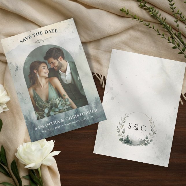 Watercolor Mountains & Pine Trees Wedding Save The Date (Creator Uploaded)