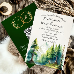Watercolor Mountains, QR Code & Monogram - Emerald Invitation
