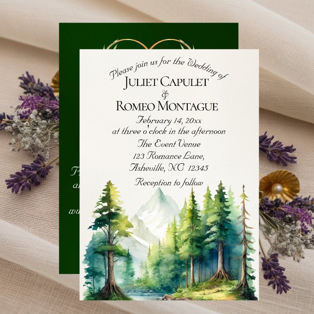 Watercolor Mountains, QR Code & Monogram - Emerald Invitation (Creator Uploaded)