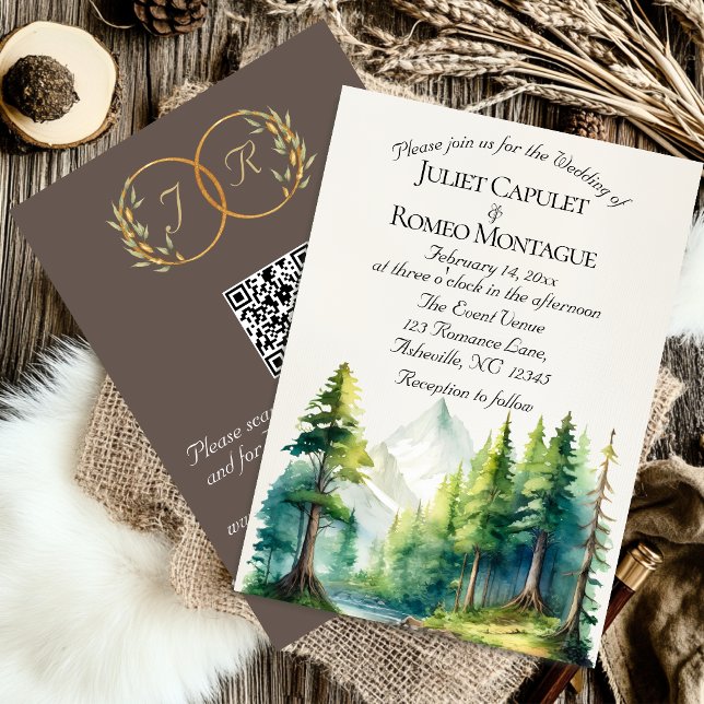 Watercolor Mountains, QR Code & Monogram - Mocha Invitation (Creator Uploaded)