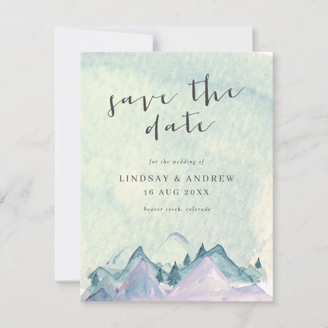 Watercolor Mountains Wedding Save the Date Invitation (Front)