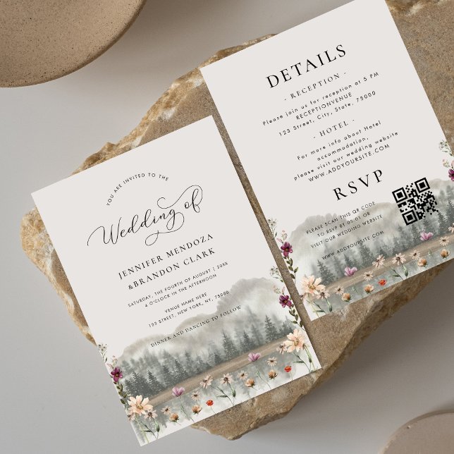 Watercolor Mountains Wildflowers Boho Fall Wedding Invitation (Creator Uploaded)