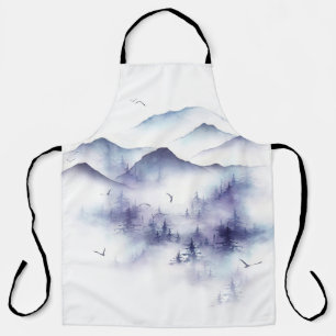 Watercolor mountains, winter landscape illustratio apron