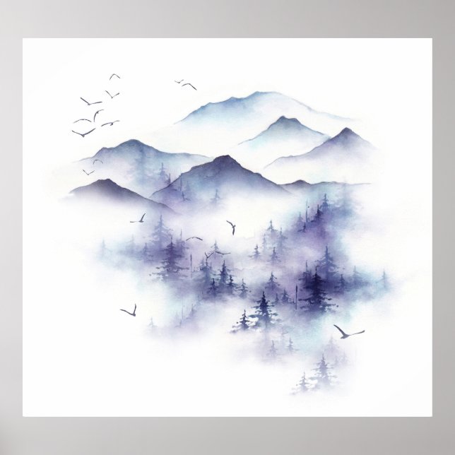 Watercolor mountains, winter landscape illustratio poster (Front)