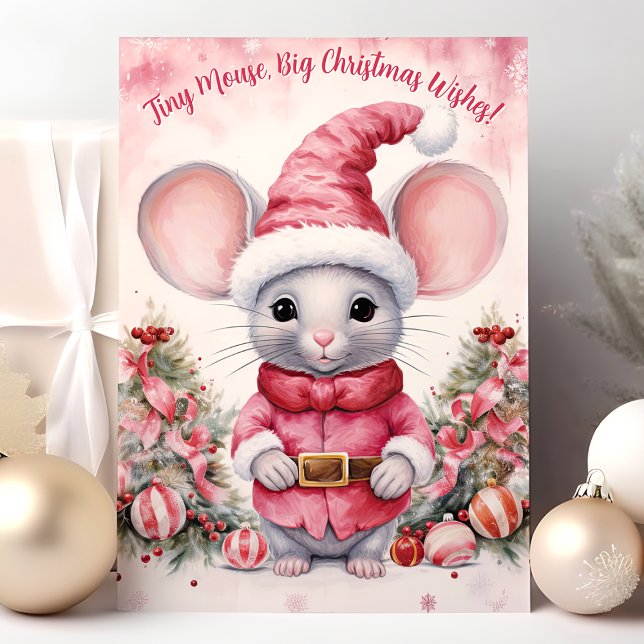 Watercolor Mouse Big Christmas Wishes Holiday Card (Creator Uploaded)