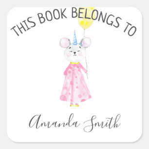 Watercolor mouse - bookplate square sticker