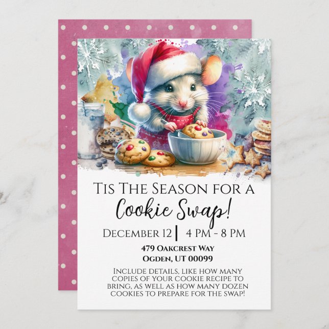 Watercolor Mouse Cookie Swap Invitation (Front/Back)