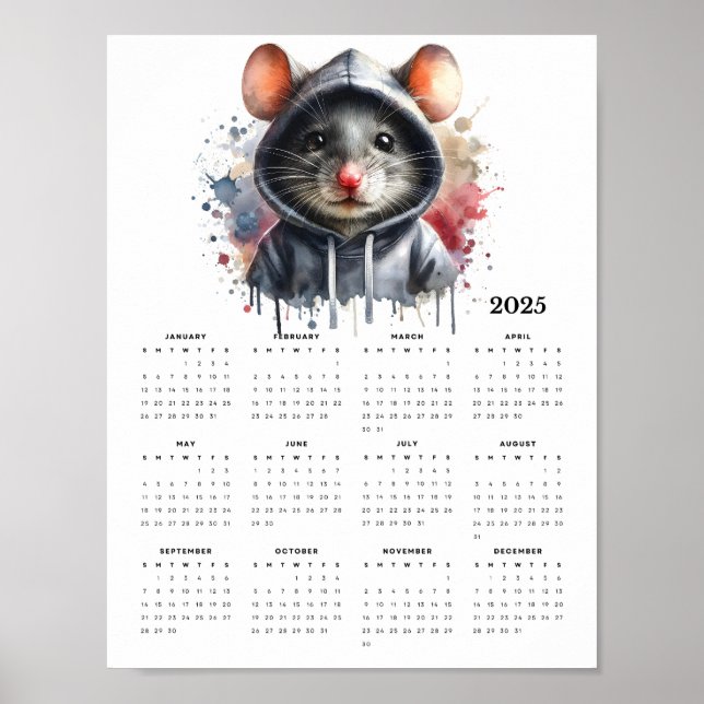Watercolor Mouse Hoodie Splash Art 2025 Calendar Poster (Front)