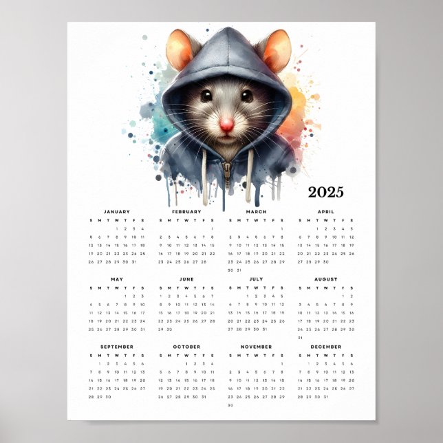 Watercolor Mouse Hoodie Splash Art 2025 Calendar Poster (Front)