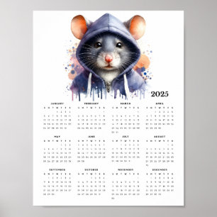 Watercolor Mouse Hoodie Splash Art 2025 Calendar Poster