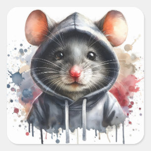 Watercolor Mouse in Gray Hoodie Splash Art  Square Sticker