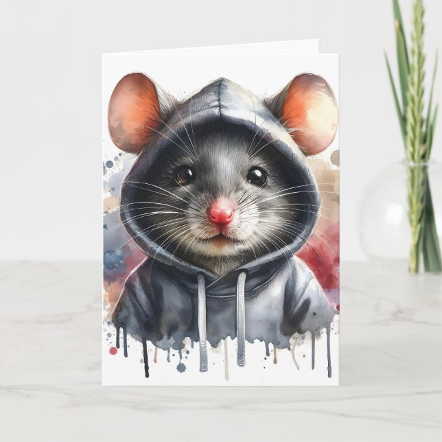 Watercolor Mouse in Grey Hoodie Splash Art  Card (Front)