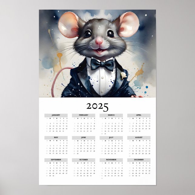 Watercolor Mouse Wearing Tuxedo 2025 Wall Calendar Poster (Front)