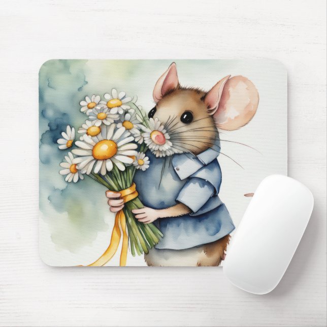 Watercolor Mouse With Daisy Bunch Mouse Mat (With Mouse)