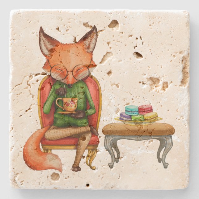 Watercolor Mr. Fox Having Tea and Macaroons Stone Coaster (Front)