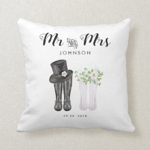 Watercolor Mr & Mrs with top hat, flowers & boots Cushion